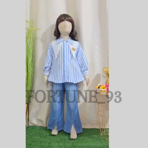 Stelan jins anak perempuan import korean style motif salur mix brukat celana cutbray usia 3 - 12 tahun celana jeans cutbray set anak tanggung model kekinian set oversize anak perempuan crop top set jeans anak set anak tanggung set kuromi anak - COD