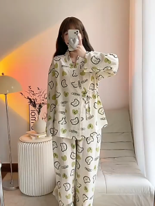 Baju Tidur Wanita BS-5028 Piyama Jepang Kimono Cute Motif Lucu Lengan Panjang Celana Panjang Sleepwear Linen Katun Mimon Home