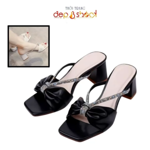 Dép cao gót phối nơ quai dây đính đá thời trang cao cấp Dep&shock có bigsize 41-42-43