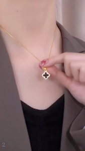 Necklace for women gold luxury full diamond four-leaf clover necklace female black and white double-sided design sense net red collarbone chain 18k gold-plated necklace