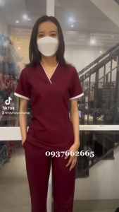 Bộ Scrubs Nữ Cổ V Cao Cấp Đỏ Đô - Đồng Phục Spa Y Tế Quần Áo Phòng Mổ Đẹp