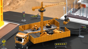 Alloy Construction Truck with Crane Tower + Backhoe Loader + Forklift + Cement Mixer + Drum Rollers + Excavator + Signs