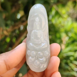 High Quality Light Green Hue Natural Type A Jadeite Jade crafted with Faceless Guanyin as Pendant Certificate weighs 33.26 grams measurement 63.8 * 23.6 * 12.2 mm (pendant237)