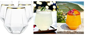 Disposable Plastic Stemless Wine Champagne Glass Diamond Shaped 12 oz 340ml Clear Gold Rim Shatterproof Recyclable Cups for Parties Weddings Cocktail