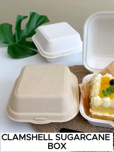 EC 450ML Sugarcane Clamshell Bento Cake Box / Burger Box / Dessert Box Eco-Friendly