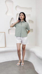 QUEENTIN Kemeja Wanita Casual 0656 Katun Poplin Polos Lengan Pendek