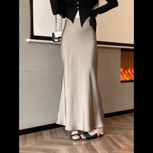 Malaysia Women Elegant Plain Basic Skirt Long Dress Fish Tail Smooth Slim Elastic Gaun Wanita T-052