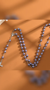 Black Crystal Rosary Necklace Long Cross Pendant For Men Women Religious Jewelry
