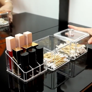 Modern Square Qtip Holder Acrylic Bathroom Vanity Countertop Storage Organizer Canister Jar for Cotton Swabs Rounds Balls Makeup