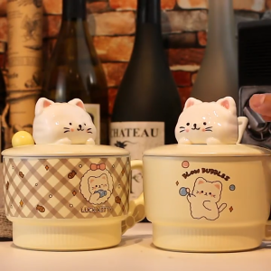 Ly Sứ Hình Chú Mèo Kitty 3D Cute Có Thìa Và Nắp Sáng Tạo - Cốc Sứ Dung Tích Lớn 650ml Làm Quà Tặng Sinh Nhật Người Yêu