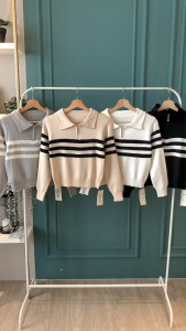 BL20925 Three Lines Stripe Zipper Knit Top