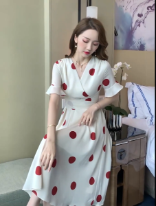 CORE Summer Women A-line Dress Short Sleeve V-Neck Polka Dot Dress Fashion Midi Dress