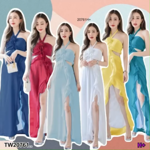 TW20761 เดรสชีฟอง แต่งกุหลาบสายคล้อง ..