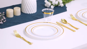 Elegant Gold Rim Plated Disposable Dinnerware Set - Food Grade Plastic Plates Cups Spoons Forks Knives