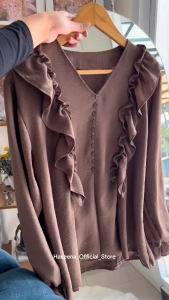 Haseena Atasan Wanita Qiana Rempel Samping Bahu Baju Kantor Lengan Panjang Blouse Ruffle Elegan Top Dewasa Casual Hijab Friendly Oversize