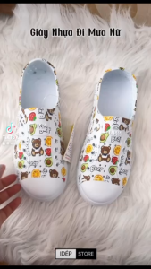 Giày sneaker nữ đi mưa Gấu Happy hoạt hình chất nhựa EVA siêu nhẹ lỗ lưới thoáng khí chống thấm nước (FORM LỚN LÙI 1 SIZE) iDép GL027