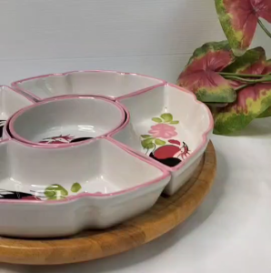 จานเซรามิค จานออเดิร์ฟ 5 ช่อง จานหลุม ขนาด 11.5นิ้ว จานหลุุมสวยๆ พร้อมถาดไม้ สวยงาม ทนทาน เข้าไมโครเวฟได้