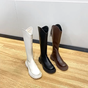 Size 35-40 Fashion Korean Plain V-Neck Knee Zipper Boots Shoes Heeled For Women Heel 5cm