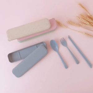 Wheat straw chopsticks fork spoon three-piece set work portable tableware set student childrens travel box rice spoon chopsticks fork Cutlery Stylish