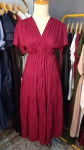 MEGAN maxi dress wanita rok susun leher v korean style bahan rayon