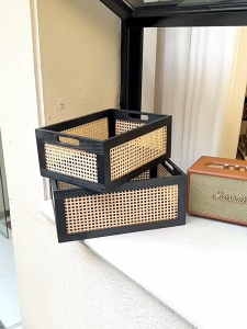 Rattan Storage Basket Black Wooden Frame Woven Organizer Box with Handles for Home Bedroom Closet Shelf Desk Storage