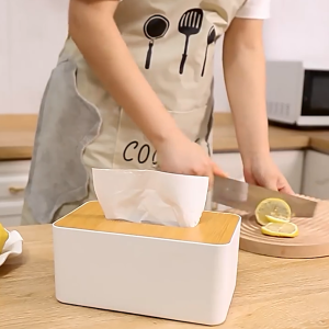 Naju กล่องใส่ทิชชู่ กล่องทิชชู่ฝาไม้ไผ่ กล่องใส่กระดาษทิชชู่ มีฝาปิด ฝาไม้ สไตล์มินิมอล สำหรับห้องนั่งเล่น สำนักงาน ร้านอาหาร