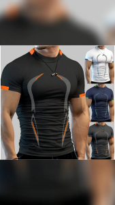 【COD&Local】Causal Men Sports T-shirt Short Sleeve Round Neck Stripe Pattern Sports Tops for Summer Spring Gym Men Clothing