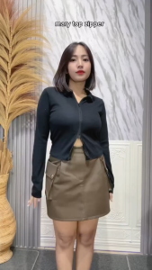 SHINE FASHION - MARY TOP ZIPPER / KAOS CROP TOP PUTIH RESTLETING LENGAN PANJANG -PN