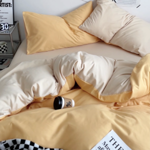 Abraca Dabra Solid color 4 in 1 Bedding Set with Fitted Bedsheet Quilt cover 2 Pillowcase Washed Cotton Soft and Comfortable Super single Queen King Size