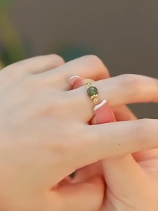 Natural Hotan Jade 18K Saudi Gold Pawnable opal Stone Adjustable Retro Transfer Bead Ring Girl