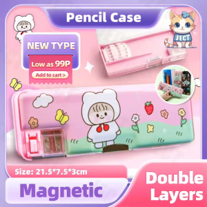 JECT Pink Cartoon Pencil Case for Kid Girls Double-sided Magnetic Organizer with Sharpener & Multiplication Student Gift