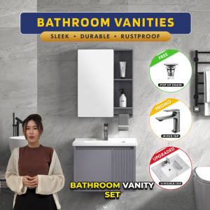 Bathroom Vanity Cabinet Set C - 60cm Basin Mirror Shelving Towel Rack Storage Organiser Shelf Waterproof Cabinets | isellvanity