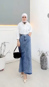 Rok Jeans Skirt Panjang Wanita Dengan Bahan Jeans Stretch (Melar)