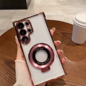 🇹🇭THSO เคสซัมซุงใส้ เคสชาร์จไร้สายชุบสุดหรู พร้ขาตั้งกล้องโลหะ ดึงออกได้ สำหรับ Samsung Galaxy S24Ultra S23Ultra S24 Plus S23 Plus 24 23 หนาเพิ่มและป้องกันการตก