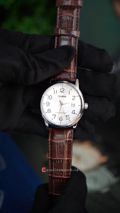 Jam Tangan Pria Casio General MTP-V002L-7B2 Analog Quartz Watch Silver Dial Brown Leather Strap