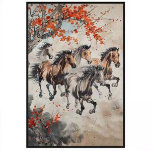 Tranh phong thủy phong cảnh mùa xuân thủy mặc mã đáo thành công 5 con ngựa tranh treo tường dán tường.CGI-673