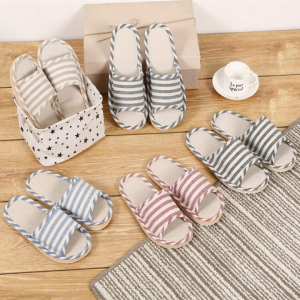 Summer New Striped Slippers Casual Soft Non-Slip Foam Bottom Indoor Flip Flops Couple Linen Home