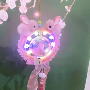 (CÓ SẴN PIN) Lồng đèn đồ chơi decor Trung Thu hình 3 con thỏ hồng tròn vòng tròn lồng quay đèn LED 7 màu nhấp nháy đẹp