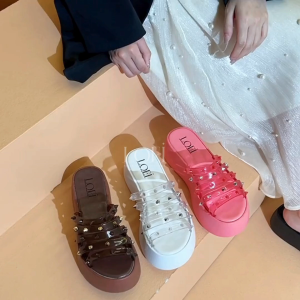 LOEI Nesya Sandal Wedges Wanita Hak Tebal Slip On Tali Paku Keling Kekinian 4488