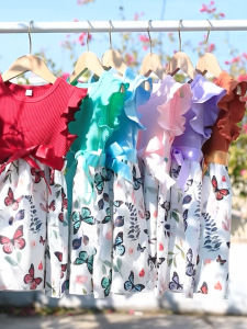 [Manila Stock Fast Ship] Girls Dress 3-7 Years Old | Short Sleeve Butterfly Print Dress with Detachable Bow Belt | Burgundy Purple Pink Toddler Kids Party & School Wear