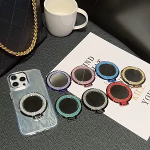 New Glitter Makeup Mirror Magnetic Bracket Universal for IPhone and Android Bling Rotating Round Ring Grip Adhesive Phone Holder