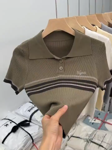 💥[A331] Áo len nữ Montoghi dệt kim LOGO VIGBITI kẻ sọc viền tay phong cách đơn giản thanh lịch - L2M