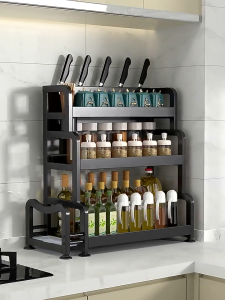 Kệ gia vị 2 tầng 3 tầng kệ để chén bát đĩa kèm giá cài dao thớt và khay hứng nước thép cacbon chống gỉ sơn tĩnh điện