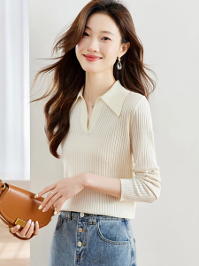 Sweter wol kerah untuk wanita di awal musim gugur atasan POLO lengan panjang mode slim fit pit strip top