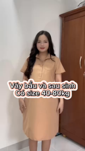 Đầm bầu và sau sinh dáng suông đầm công sở cởi nút cho bé ty dây nơ rời mặc bầu và sau sinh vải lụa mềm mát không nhăn có túi bên sườn
