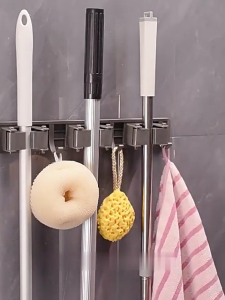 Gantungan Sapu Alat Pel Penjepit Gantungan Dinding Mop Holder Tempel Paduan Aluminium Dengan Hook Multifungsi