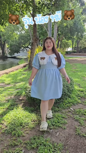 B02ชุดเดรสแขนตุ๊กตาสาวอวบพลัสไชต์แต่งปกระบาย(อกหน้าผ้า 52 นิ้ว)