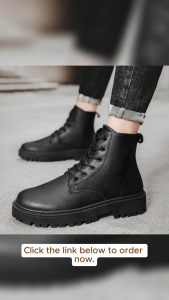 New Mens Korean Martin Boots School Black Leather Shoes Mid Top Thick Sole Fashion Chelsea Boots Walking Shoes Footwear