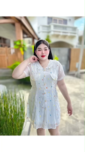 KA เดรสคอบัว ผ้าปัก พร้อมซับใน กระดุมแต่งด้านหน้า ไซส์ใหญ่ งานOVERSIZE งานน่ารักมาก อก 38-46” เอว44” สพ.50” ยาว  37 นิ้ว