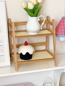 [On Hand]New Rattan Desktop Double-Layer Storage Rack Bedroom Storage Rack Desk Organizer Shelf